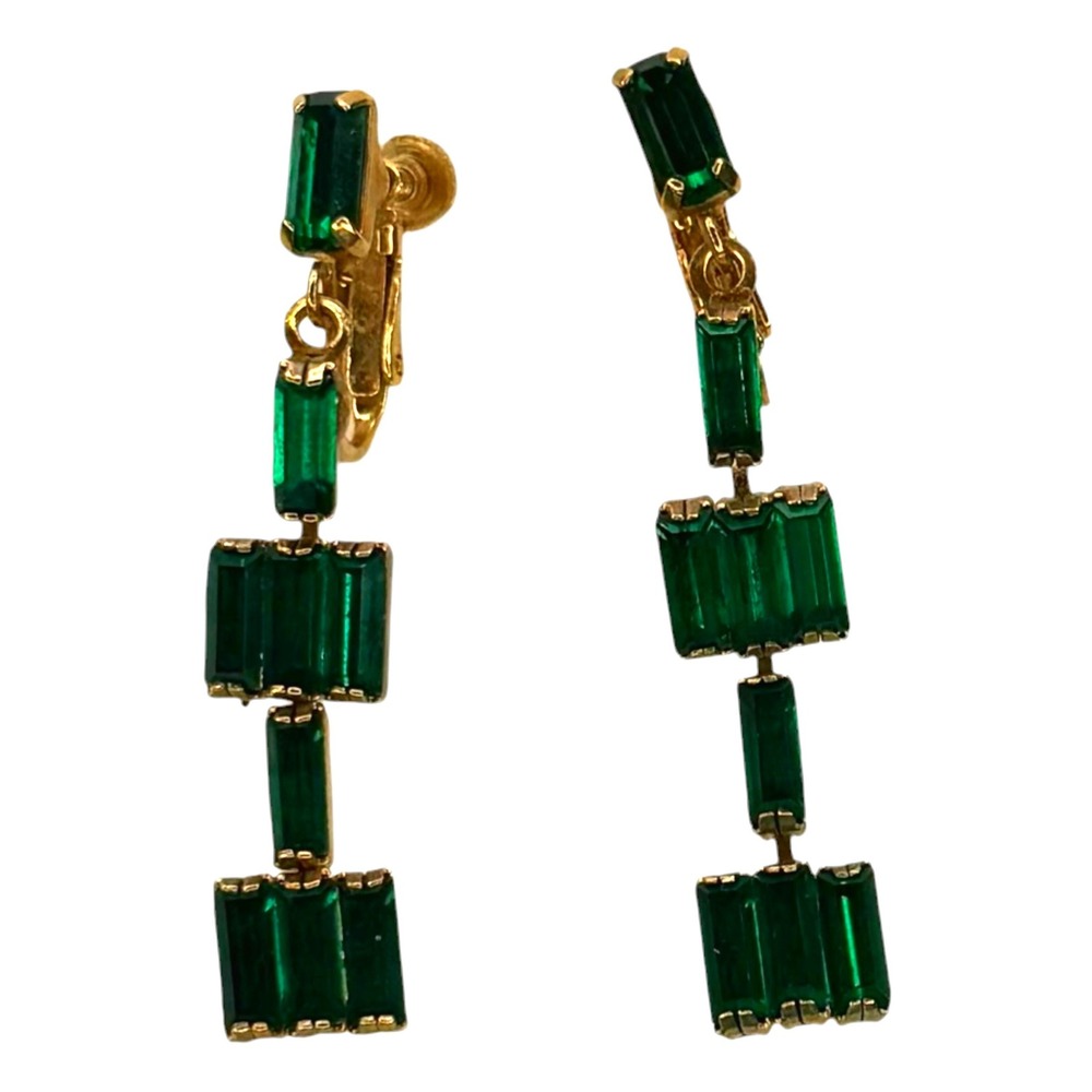 Vintage Drop Earrings Gold Tone Green Baguette Tiered Screw Back Vintage